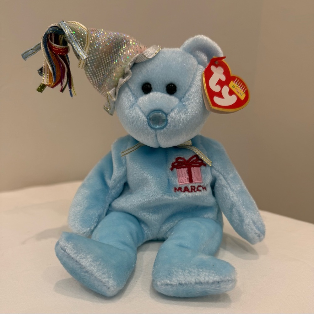 “March” Birthday Bear by Ty —Tags + Display Case!
